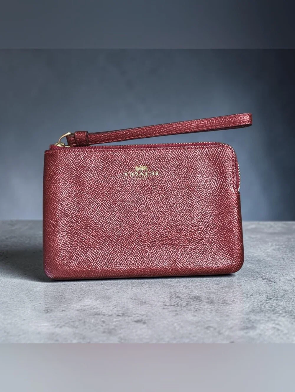 Coach Metallic Burgundy Leather Wristlet with Gold Logo
